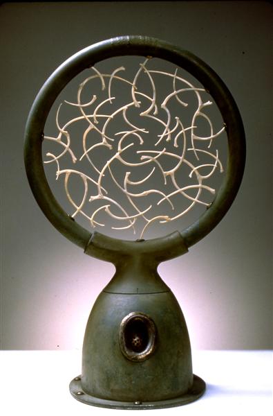<span>Adeloscope</span><br />1997 - 14&quot x 9&quot x 10&quot - radio receiver, snake ribs, brass, bronze, mixed media
