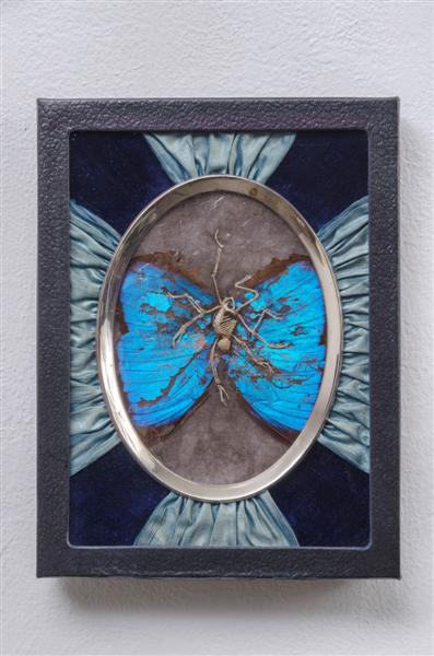 <span>Becoming Nothing</span><br />2015 - 8�&quot x 6�&quot x 1&quot - decomposed butterfly, tiny bones, mica, cat hair, mixed media
