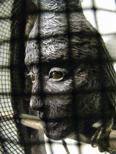 <span>Behind Your Eyes (detail)</span><br />2014 - 34&quot x 18�&quot x 6�&quot - fencing mask, earphones, sculpy, paints, glass eyes, mixed media