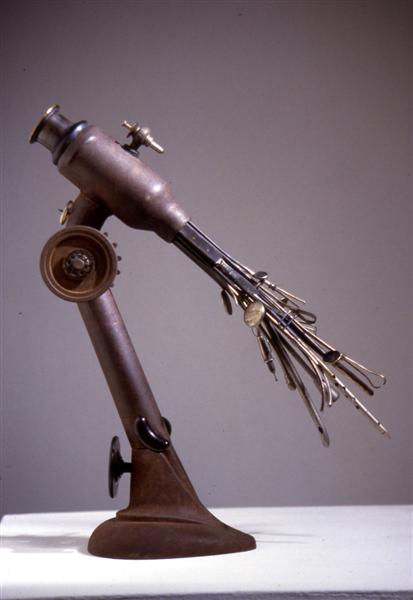 <span>Probing The Perimeters</span><br />1997 - 15&quot x 11�&quot x 4�&quot - steel, wood, glass, brass, surgical tools, mixed media