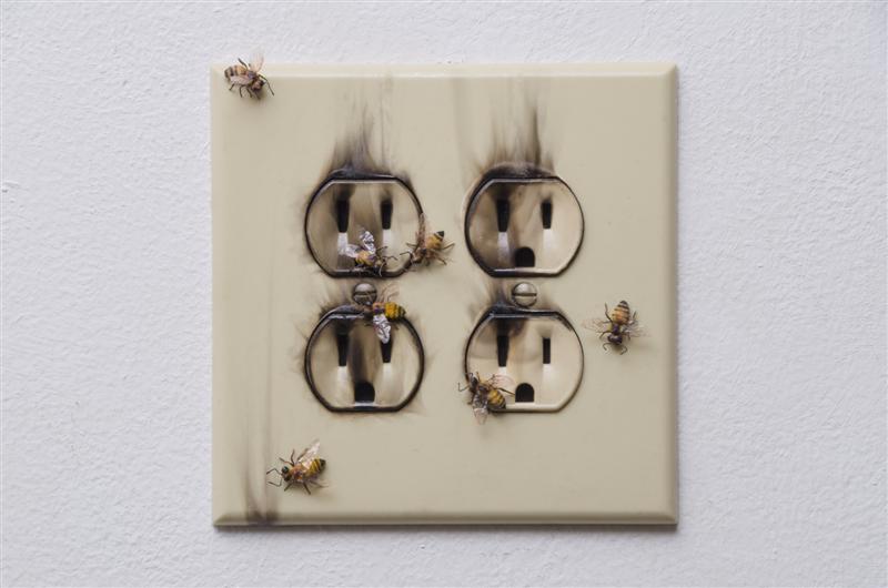 <span>Where There's Smoke</span><br />2015 - 5�&quot x 5�&quot x 3/4&quot - handmade bees, outlet, smoke, sealants, mixed media